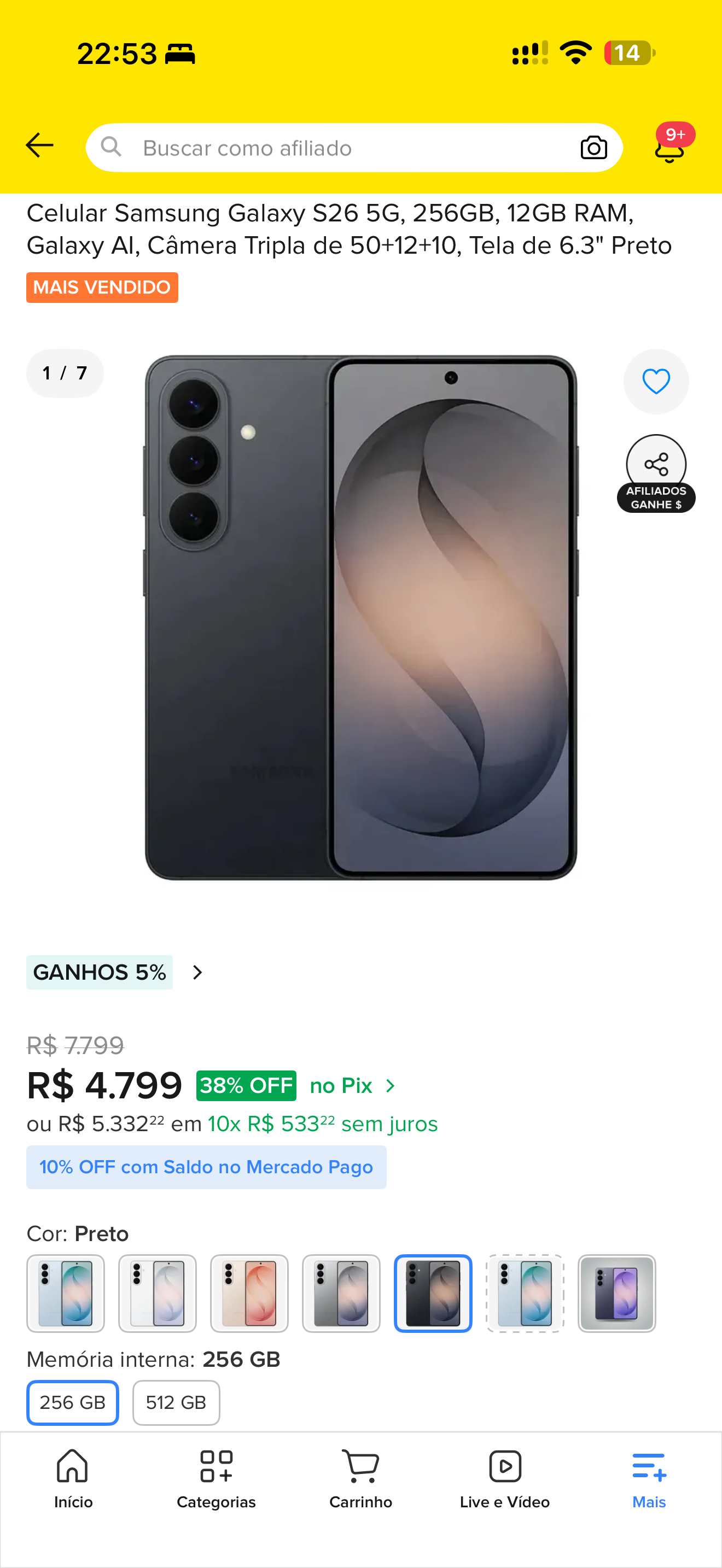 Samsung Galaxy S26 preto, visto de frente e de trás no anúncio enviado
