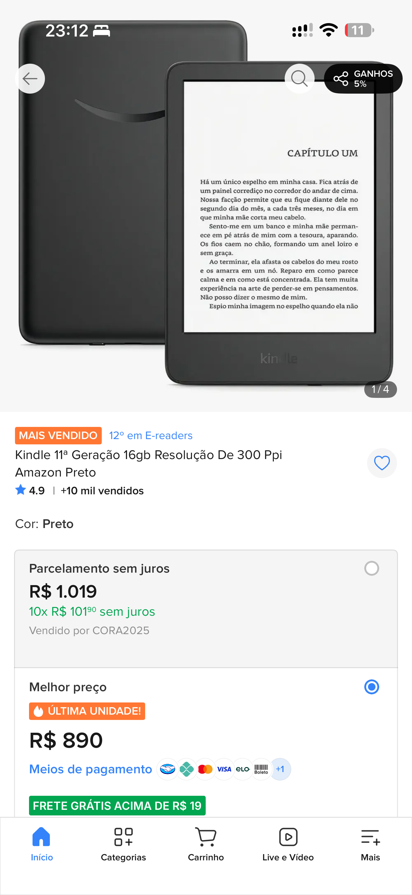 Detalhe da imagem do Kindle preto mostrado no anúncio