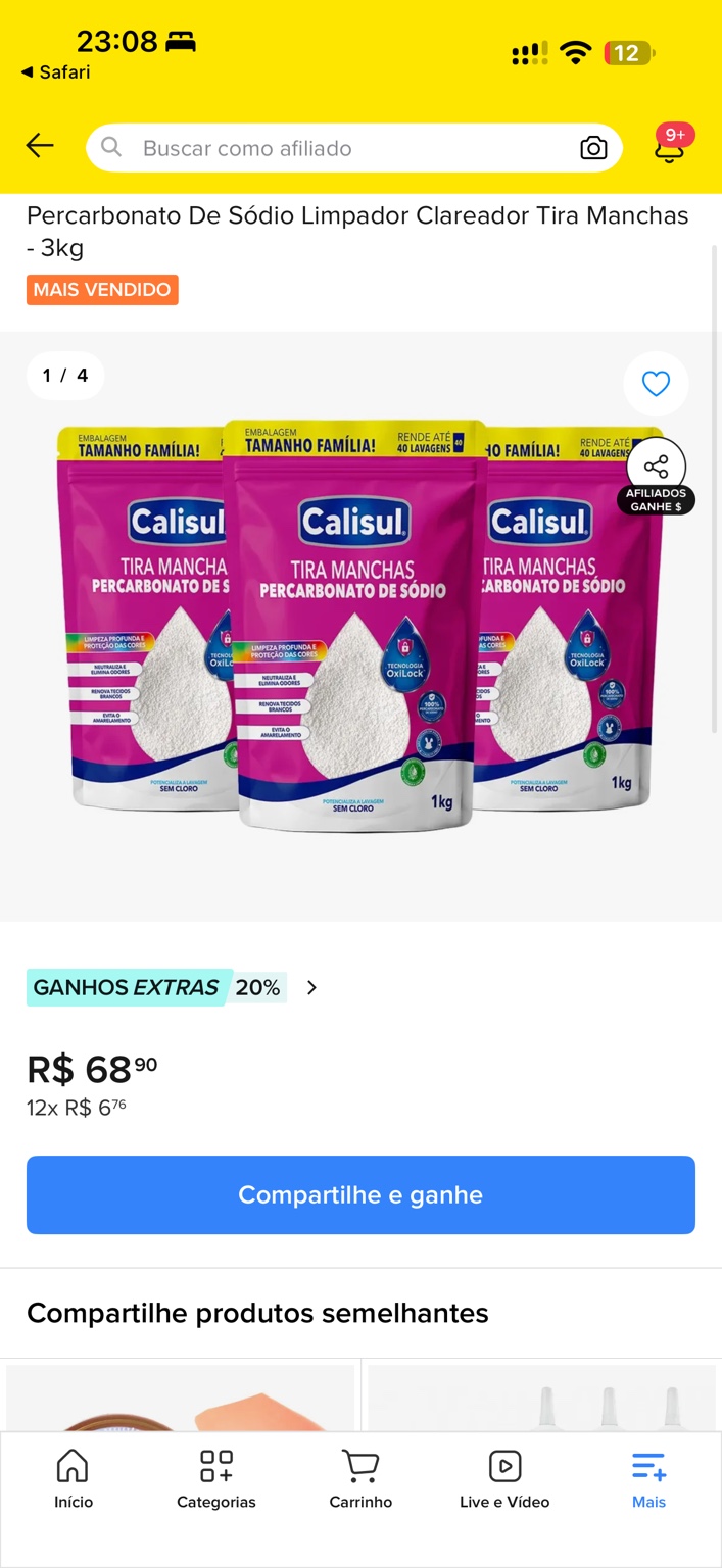 Embalagem de 1 kg do tira-manchas Calisul mostrado no anúncio do kit de 3 kg